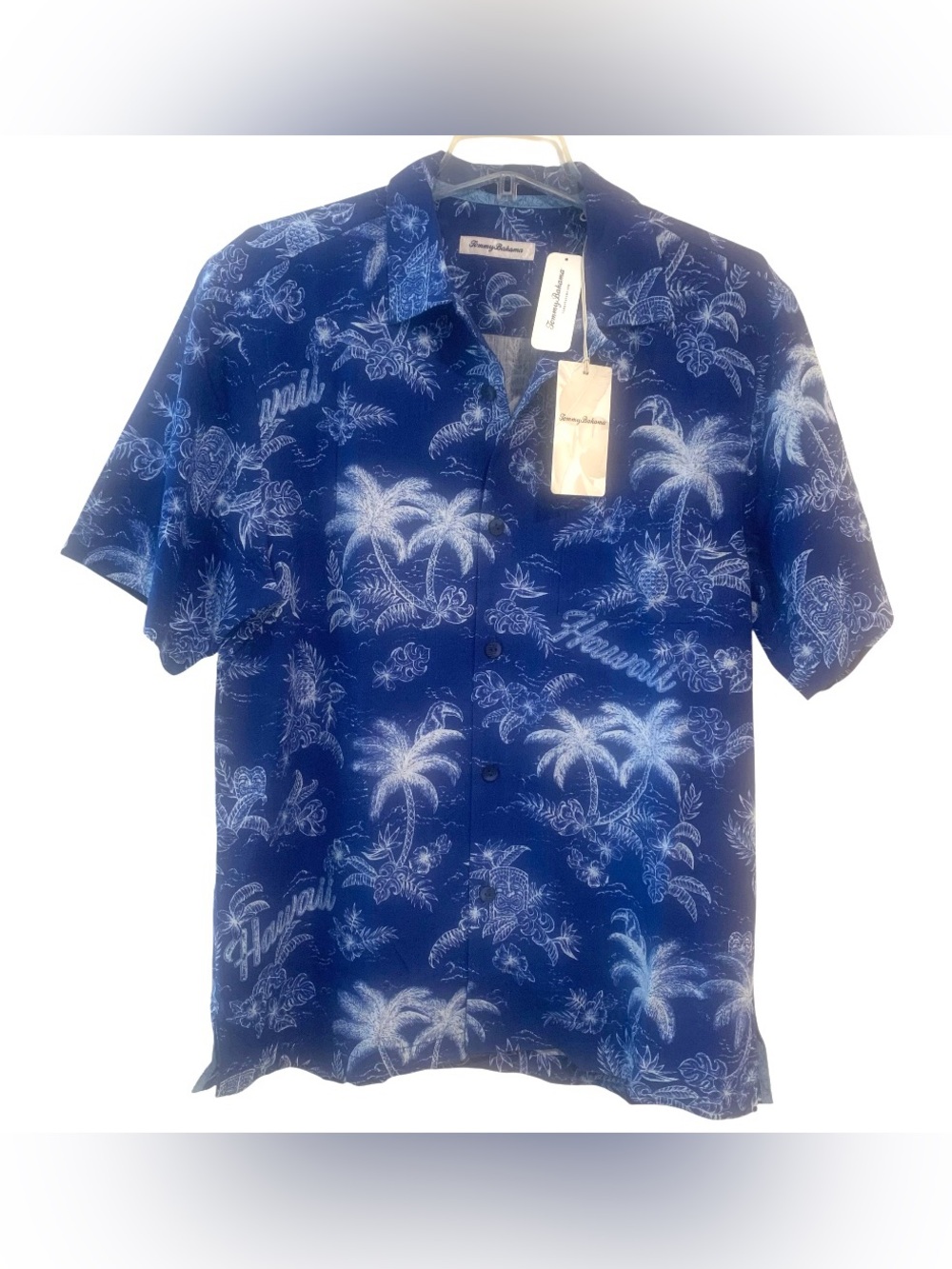 Tommy Bahama 100% Silk Hawaii Tiki Palm Tree Short Sleeve Camp Shirt Mens Size M